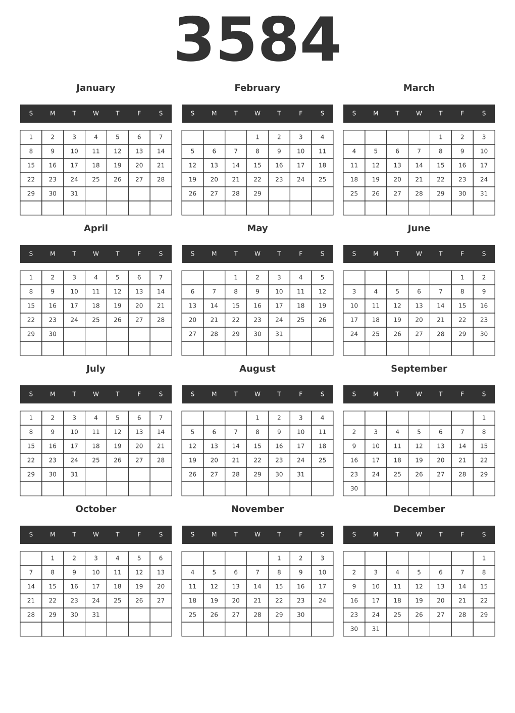 Printable 3584 Year Calendars dark