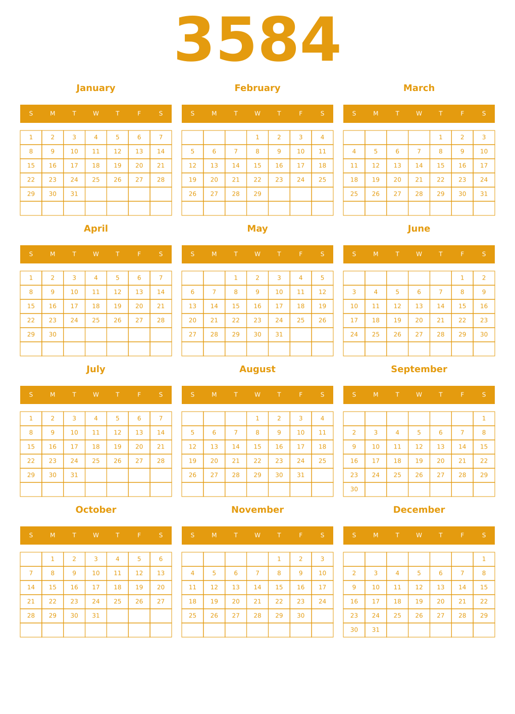 Printable 3584 Year Calendars gamboge