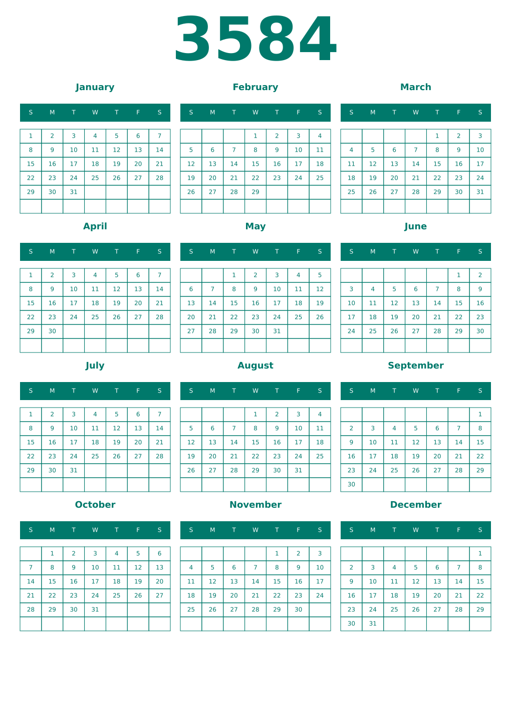 Printable 3584 Year Calendars pastel