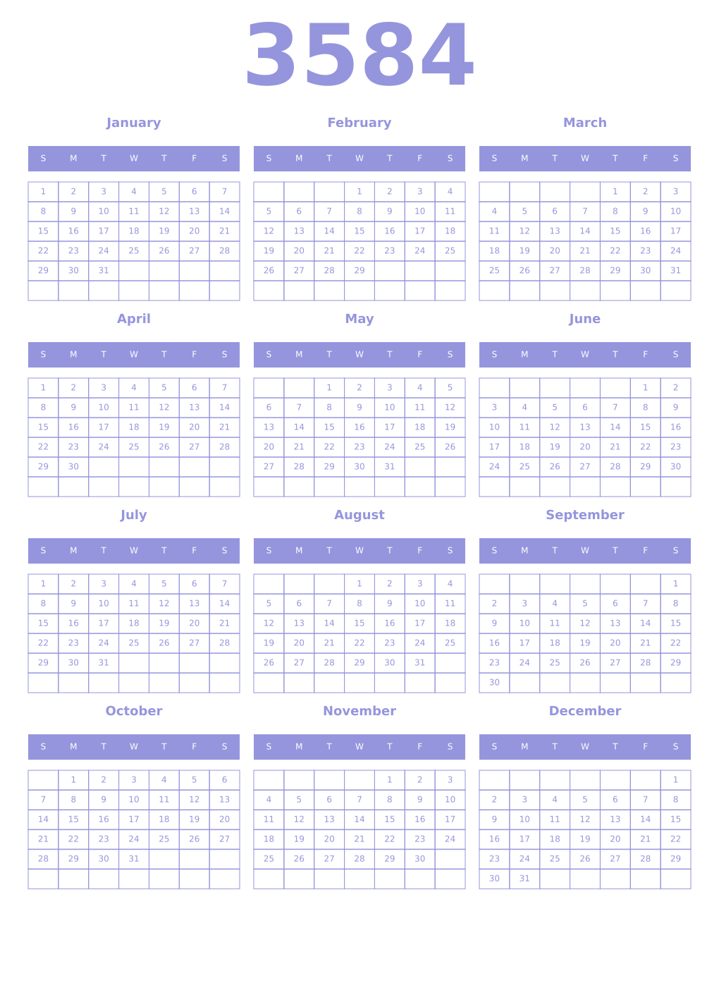 Printable 3584 Year Calendars periwinkle