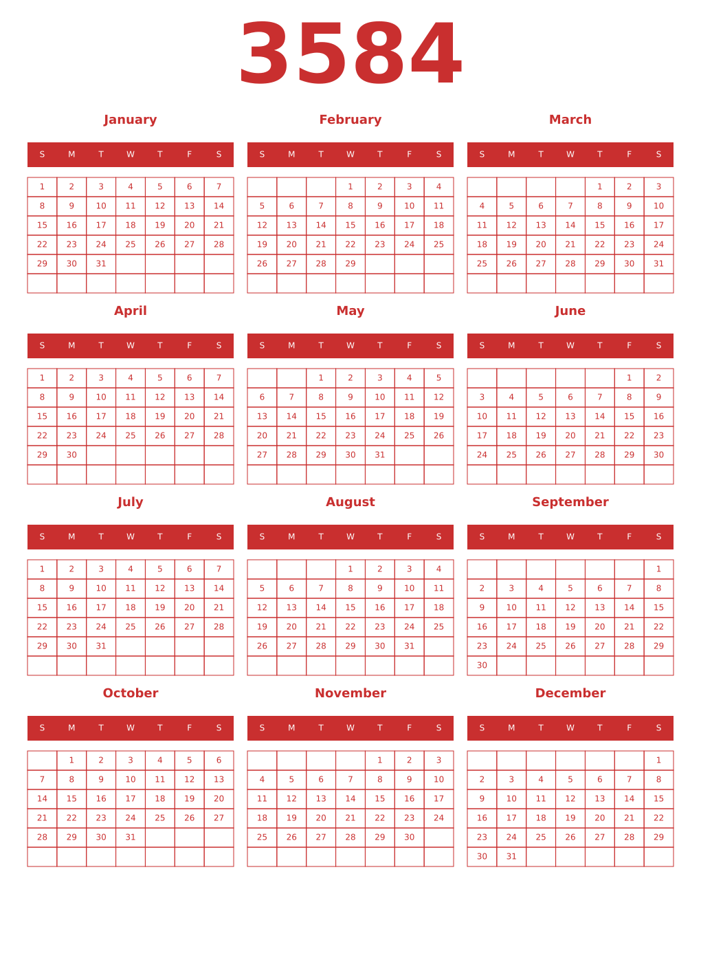 Printable 3584 Year Calendars red