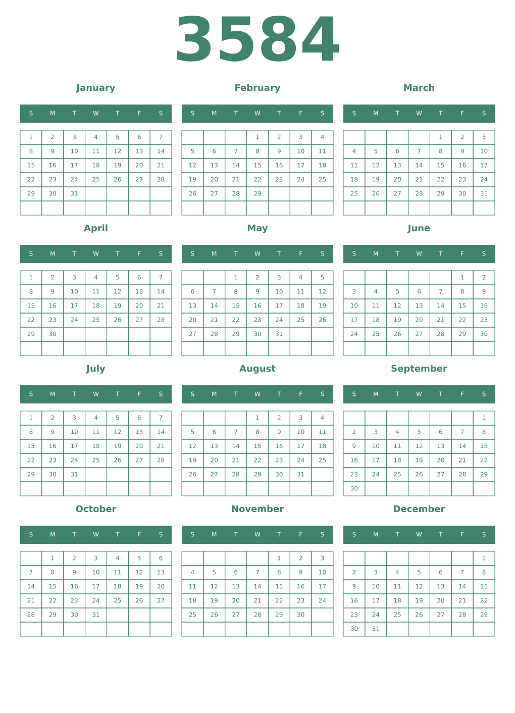 Printable 3584 Year Calendars viridian