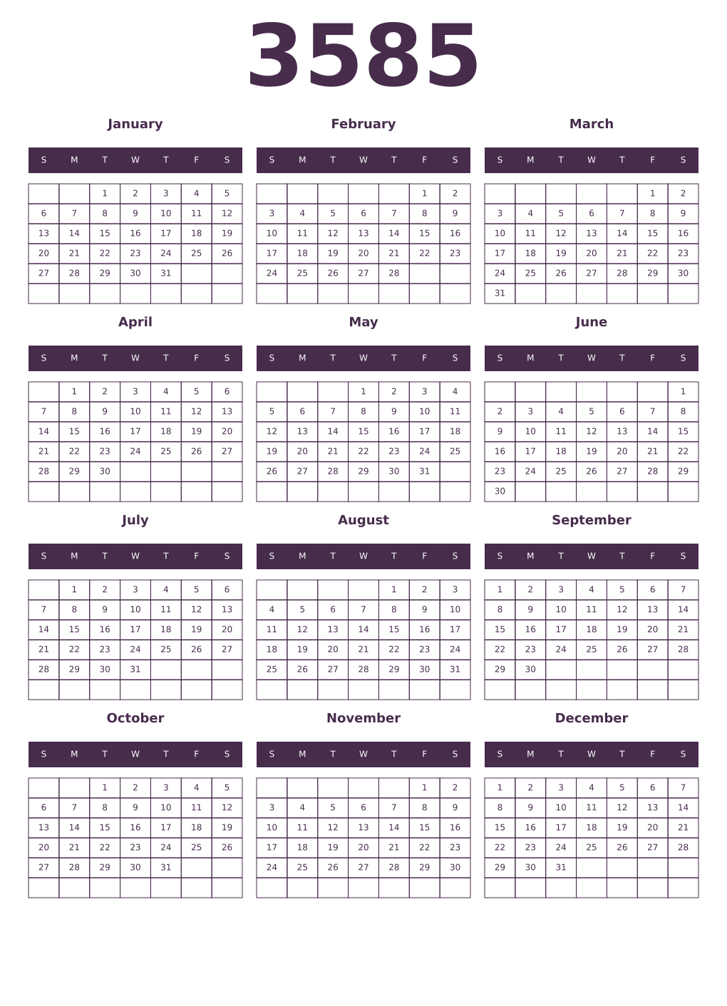 Printable 3585 Year Calendars aubergine