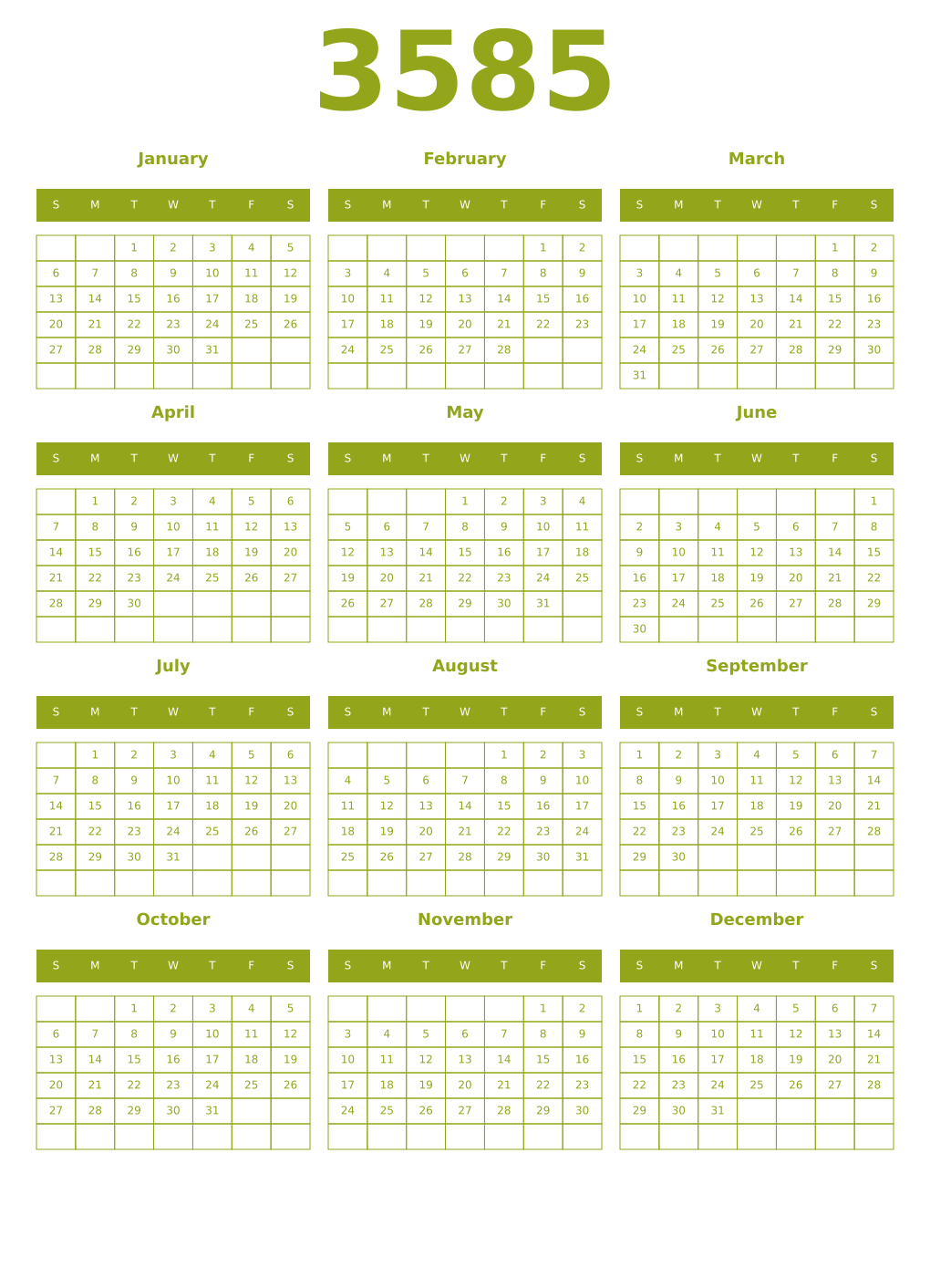 Printable 3585 Year Calendars chartreuse