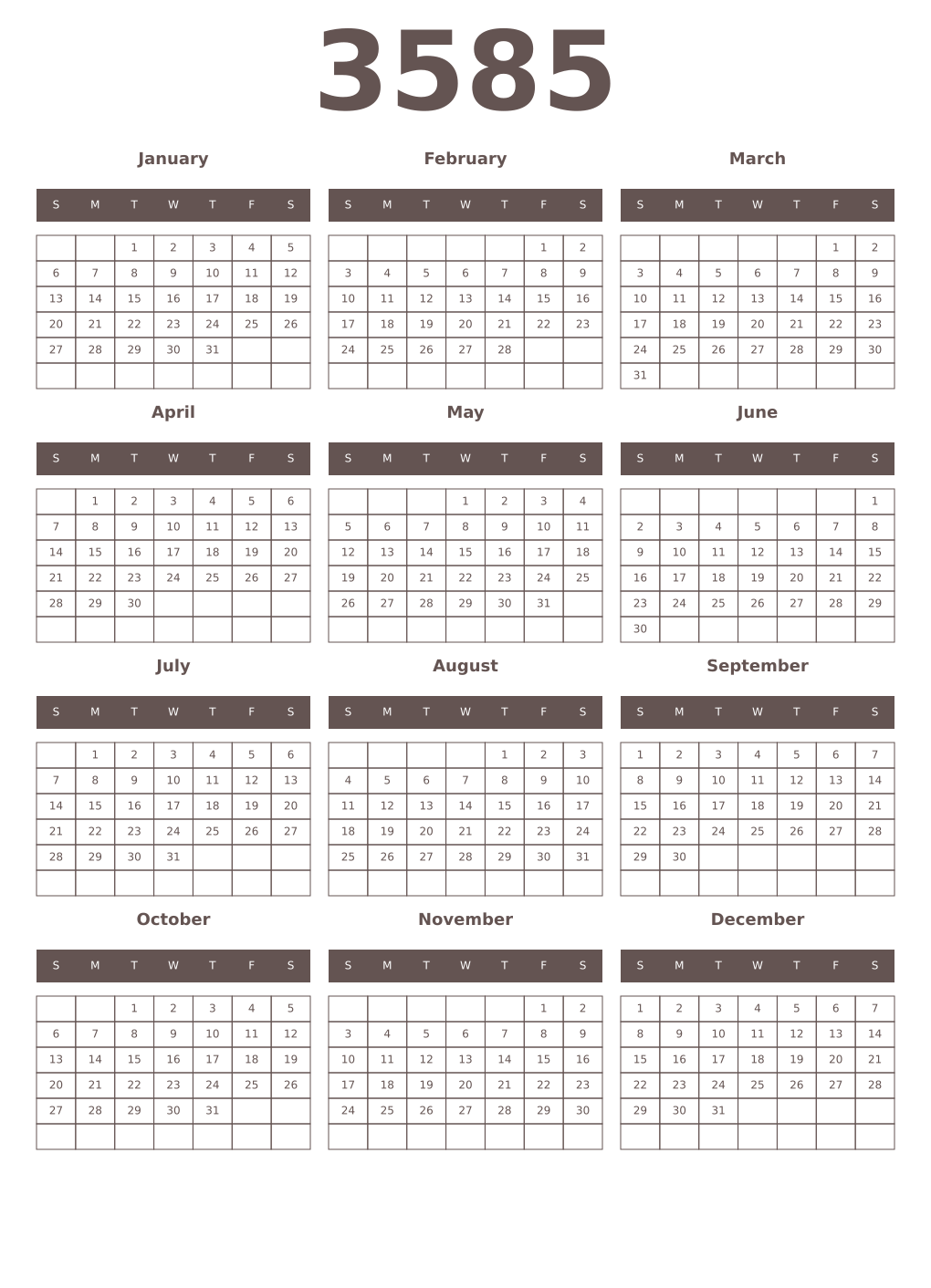 Printable 3585 Year Calendars wenge