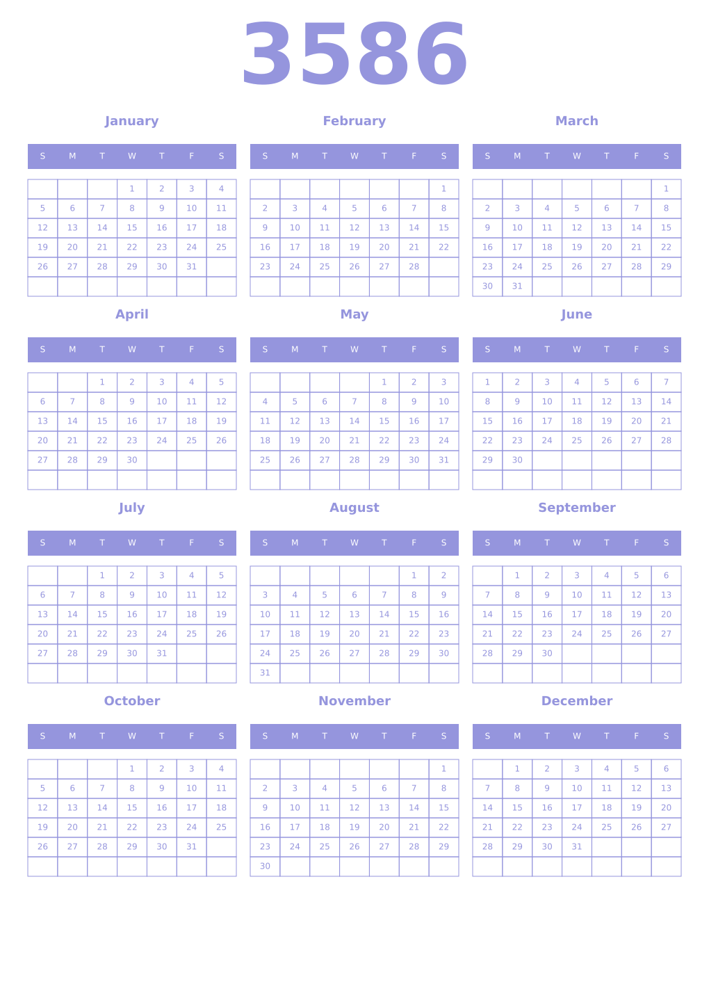 Printable 3586 Year Calendars periwinkle