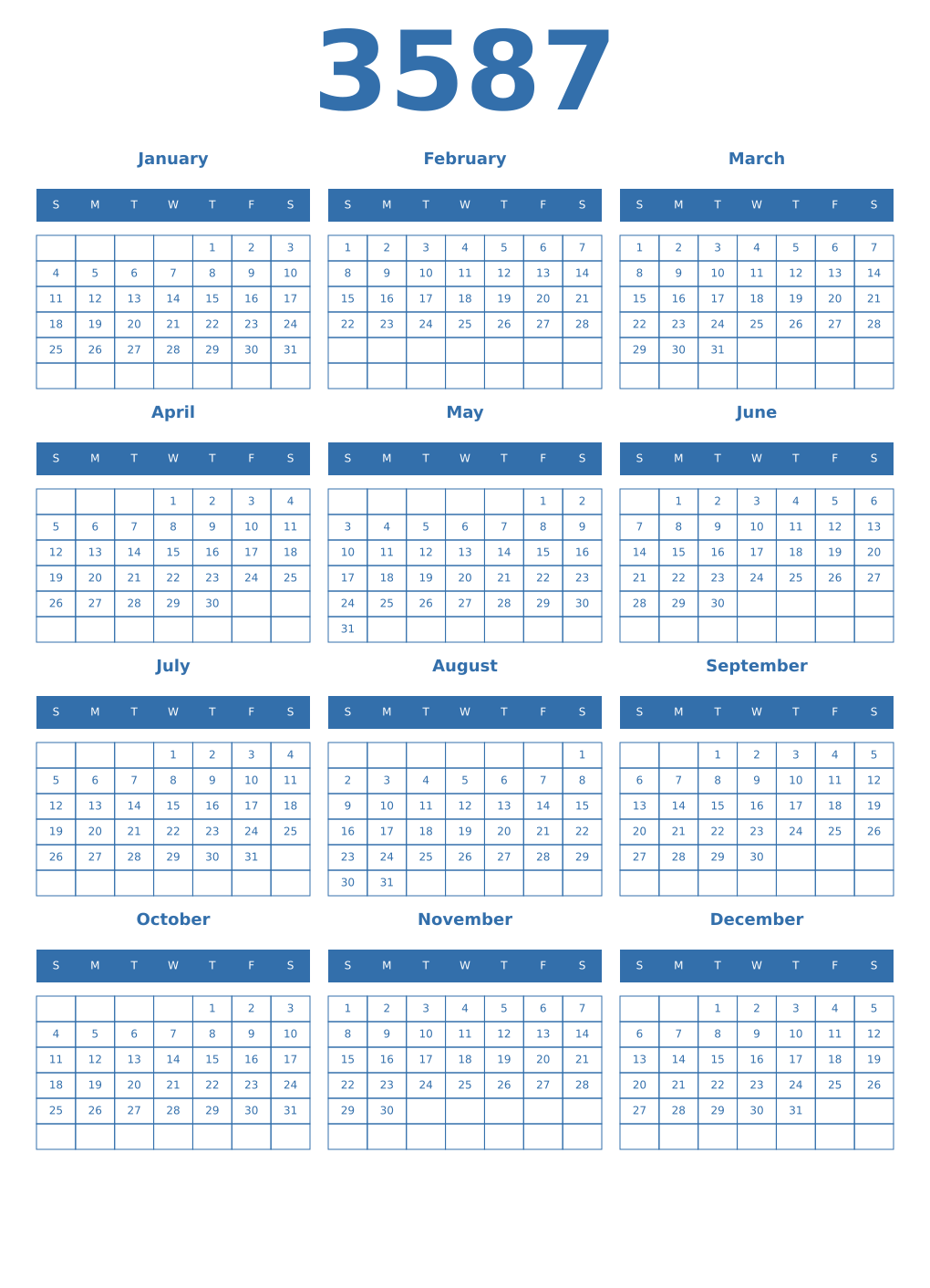 Printable 3587 Year Calendars blue