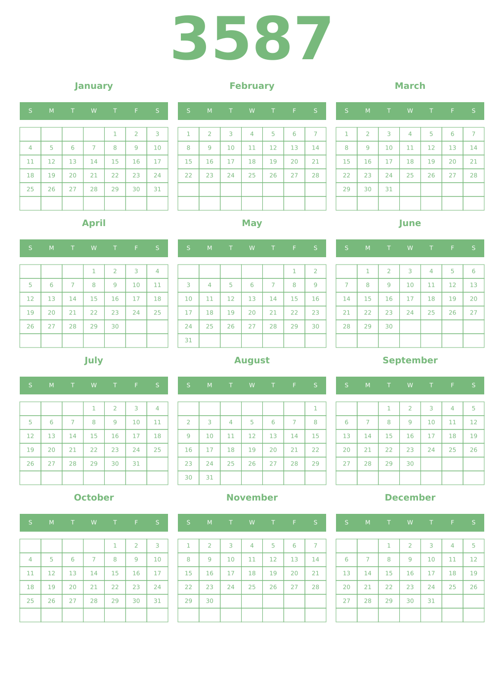 Printable 3587 Year Calendars celadon