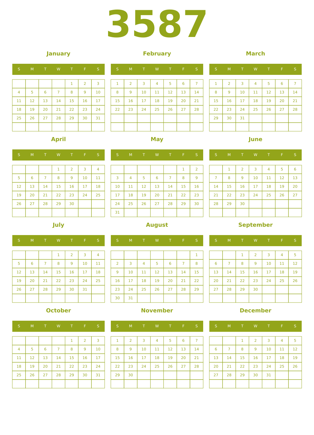 Printable 3587 Year Calendars chartreuse