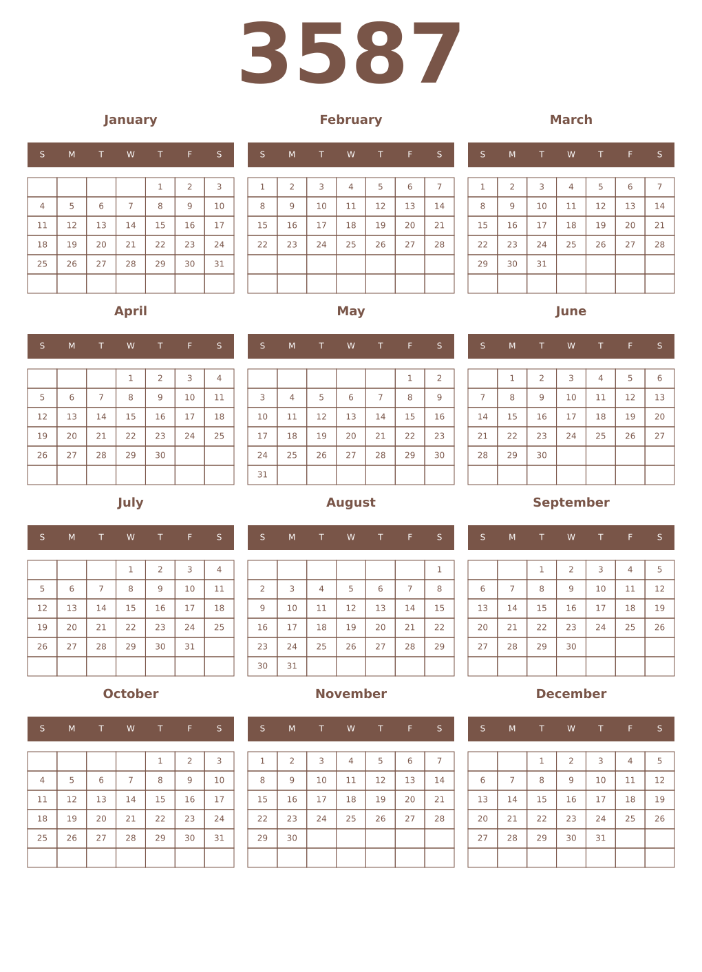 Printable 3587 Year Calendars coffe