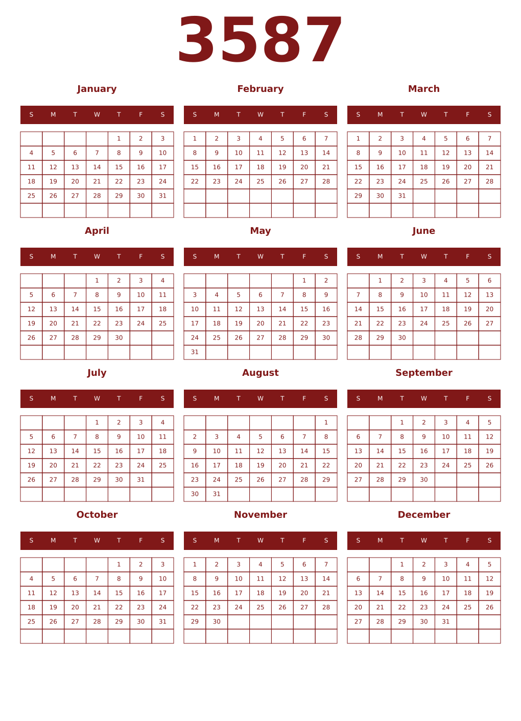 Printable 3587 Year Calendars falu