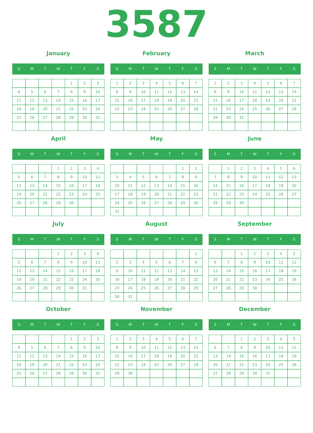 Printable 3587 Year Calendars green