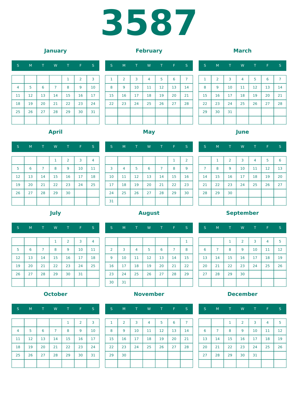 Printable 3587 Year Calendars pastel