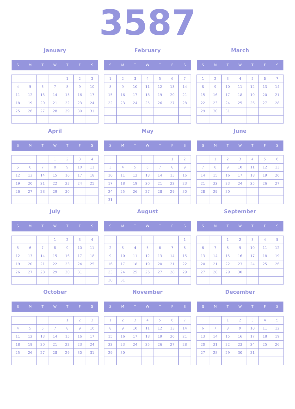 Printable 3587 Year Calendars periwinkle