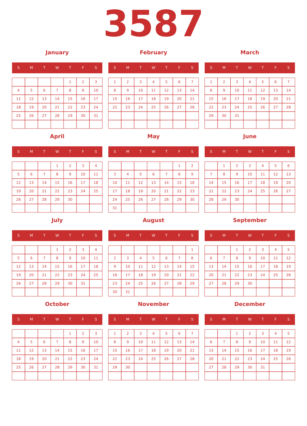 Printable 3587 Year Calendars red