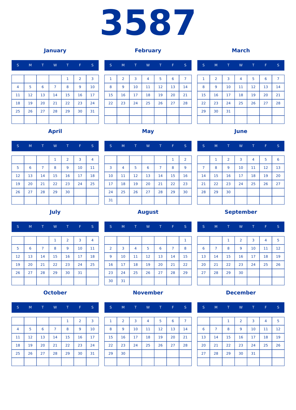 Printable 3587 Year Calendars smalt