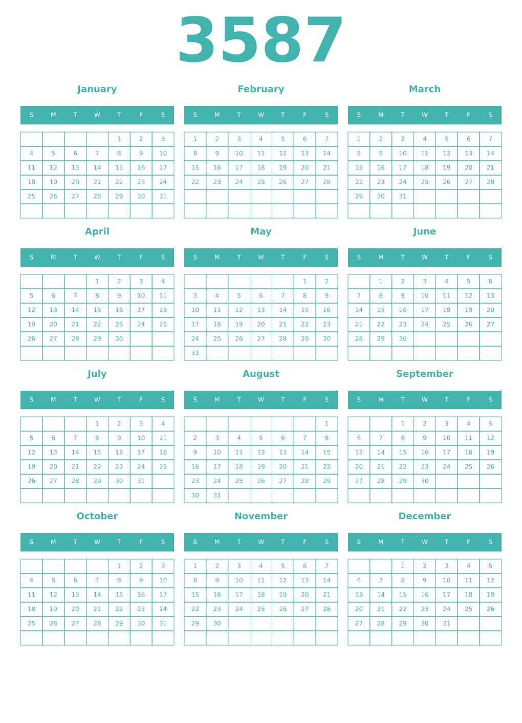 Printable 3587 Year Calendars verdigris