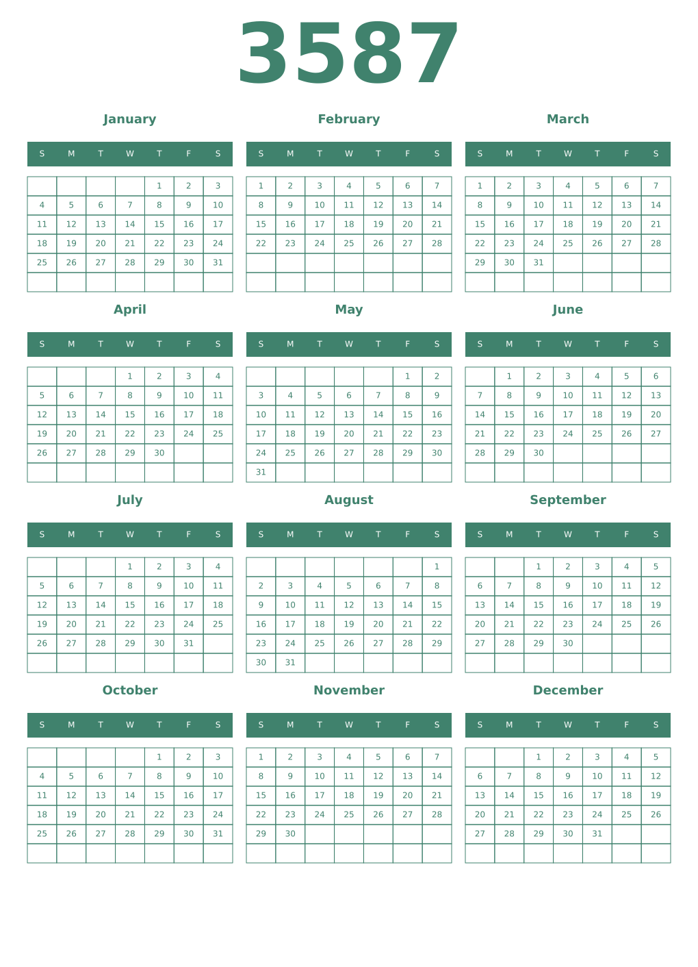 Printable 3587 Year Calendars viridian