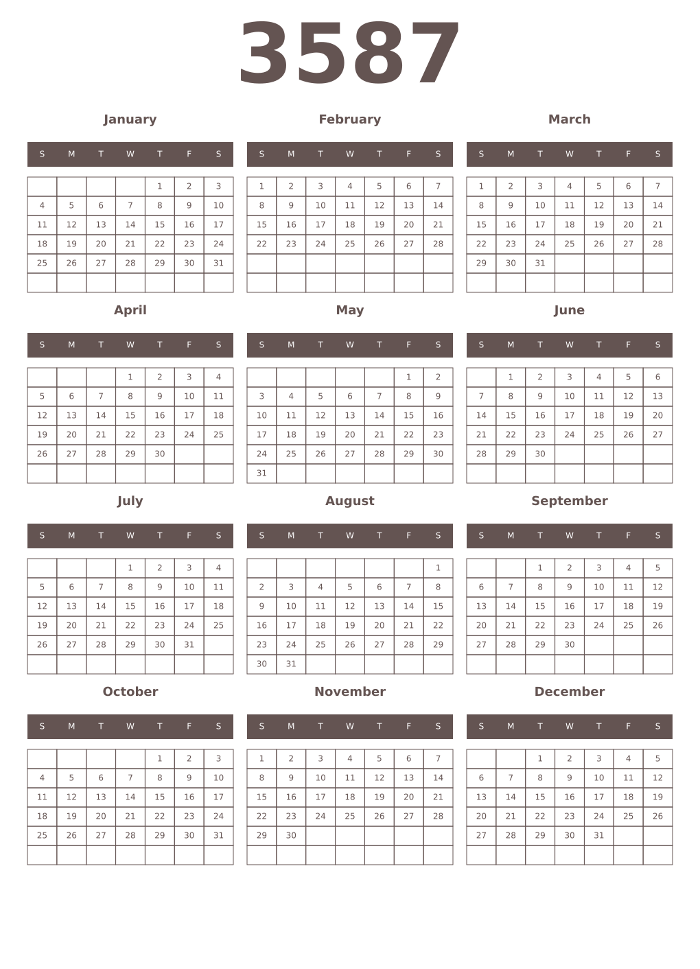 Printable 3587 Year Calendars wenge