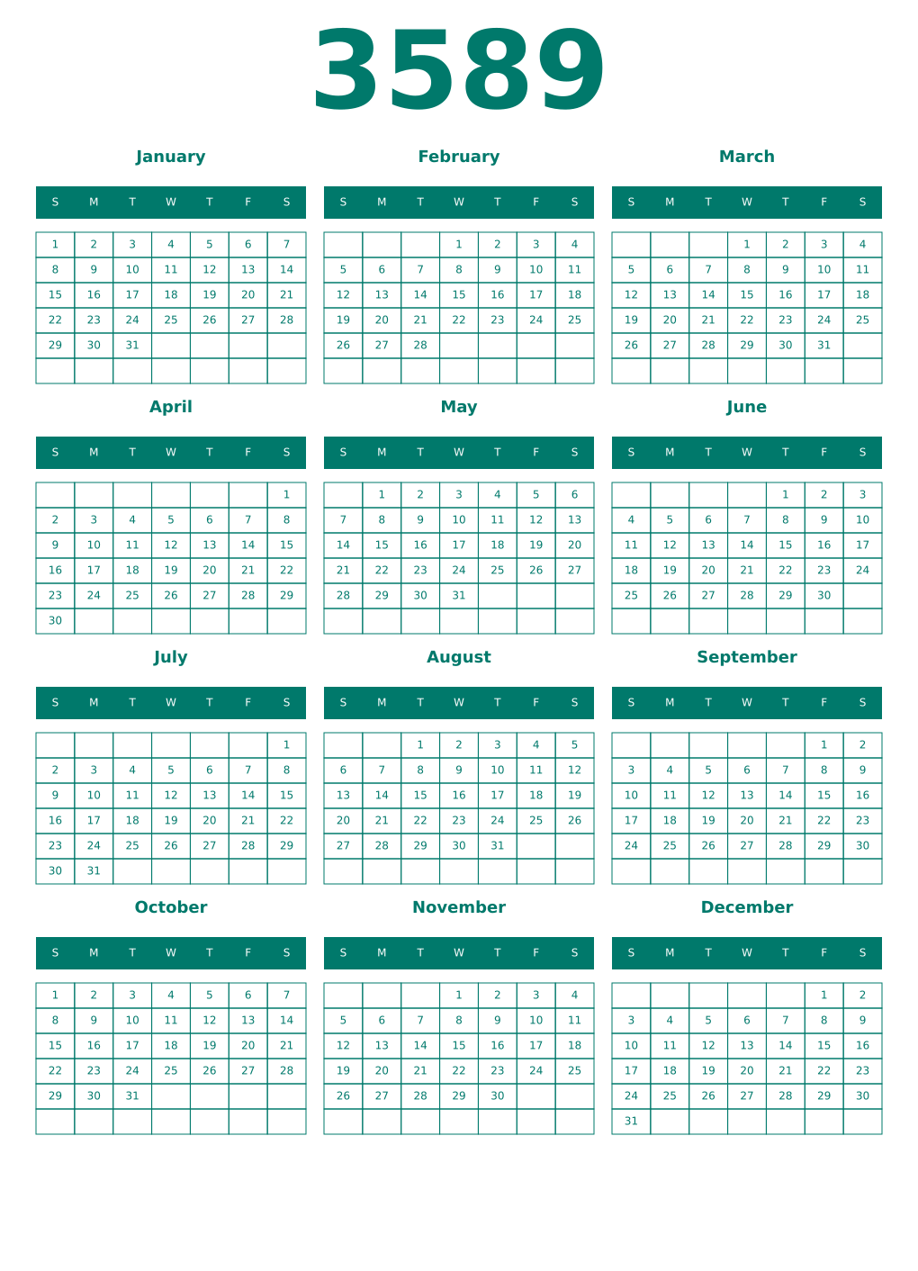 Printable 3589 Year Calendars pastel