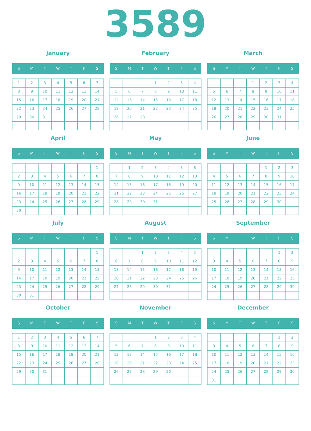 Printable 3589 Year Calendars verdigris