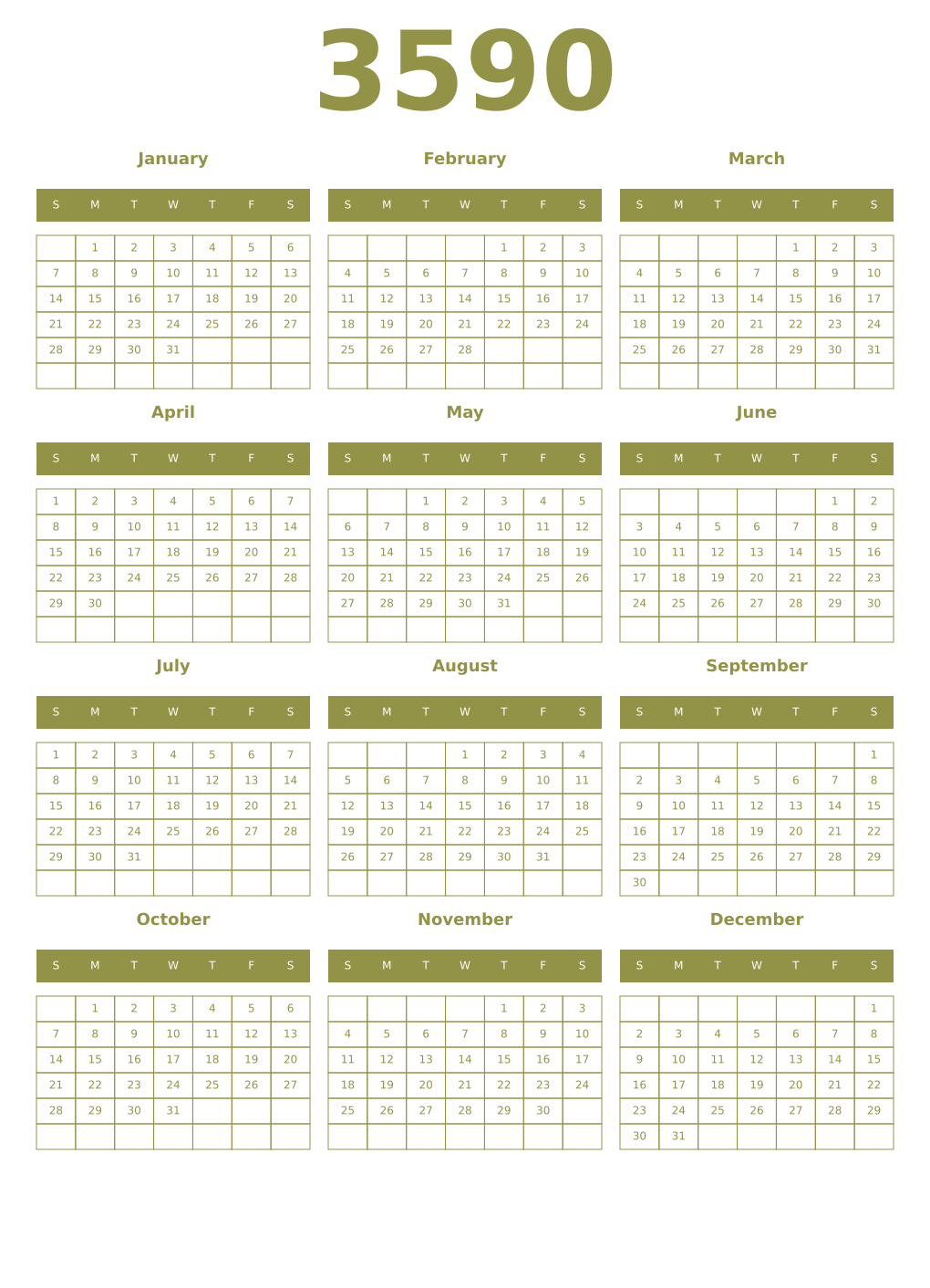 Printable 3590 Year Calendars eburnean