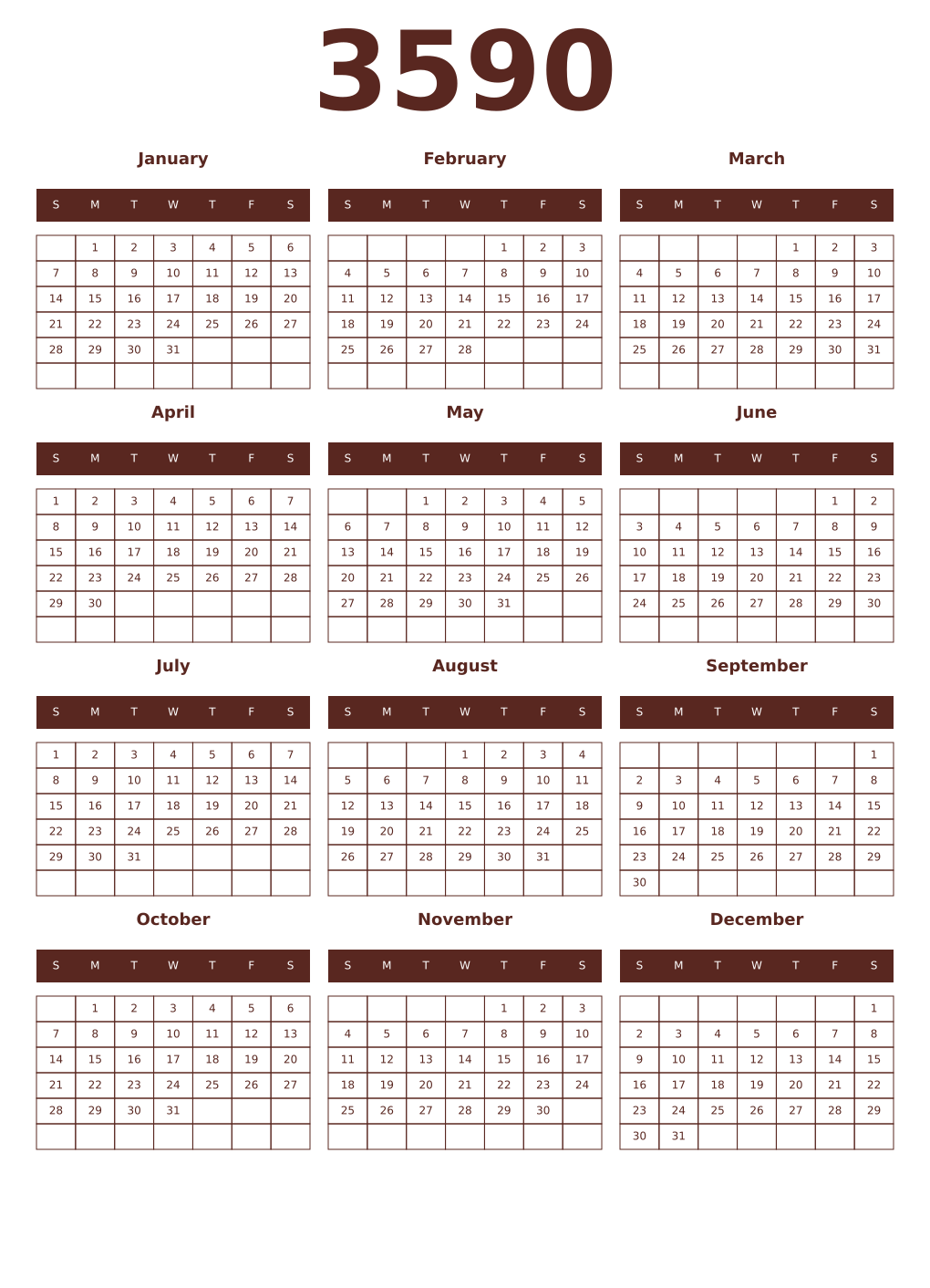 Printable 3590 Year Calendars mortuum
