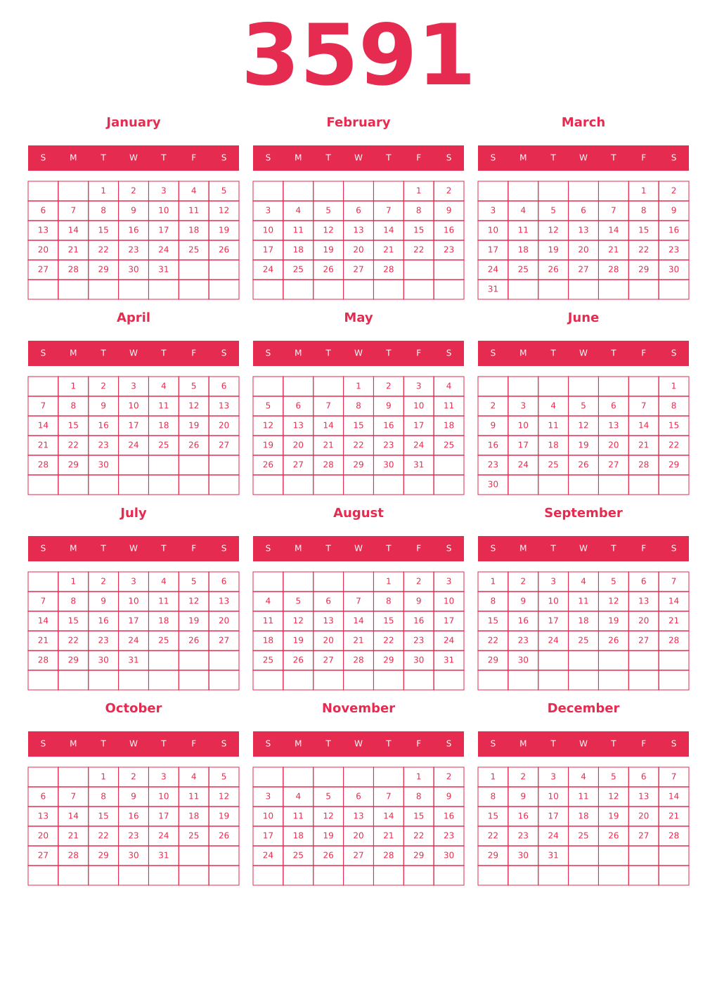Printable 3591 Year Calendars amaranth