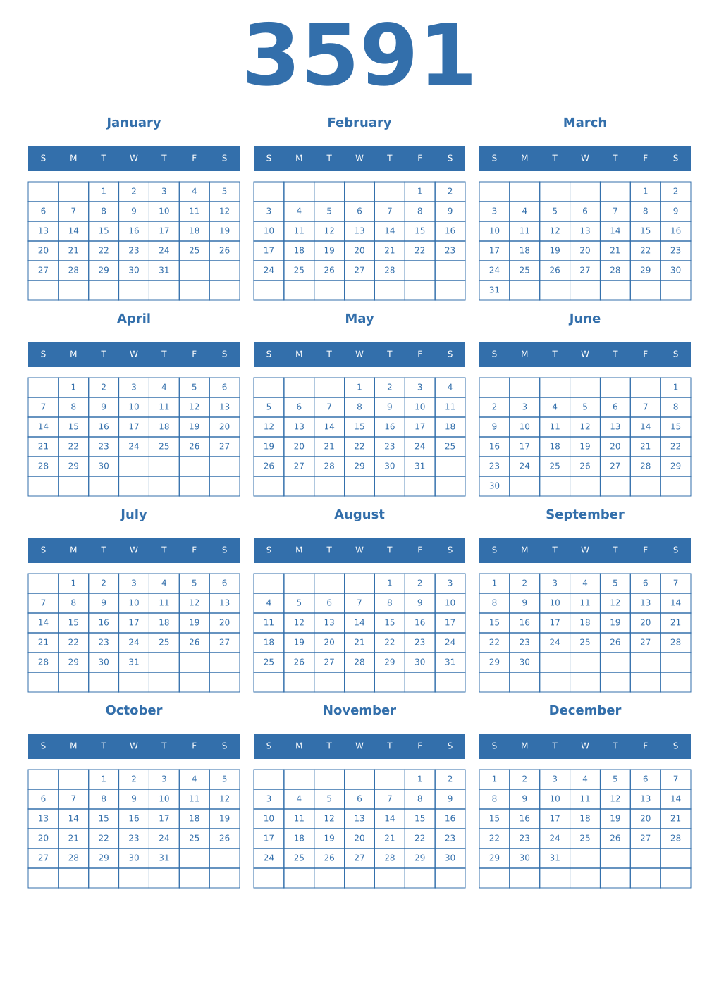 Printable 3591 Year Calendars blue