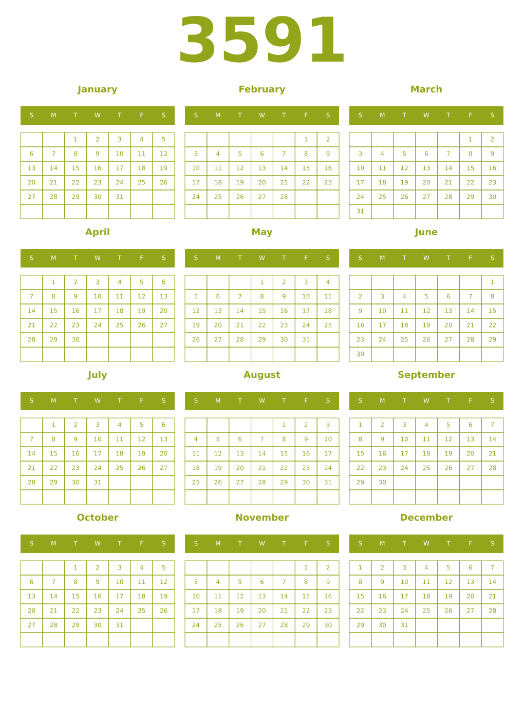Printable 3591 Year Calendars chartreuse