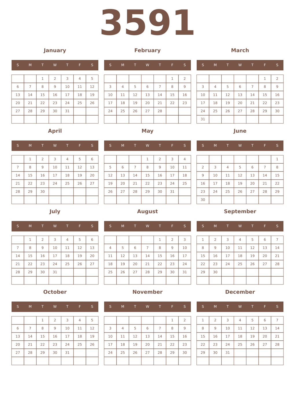 Printable 3591 Year Calendars coffe