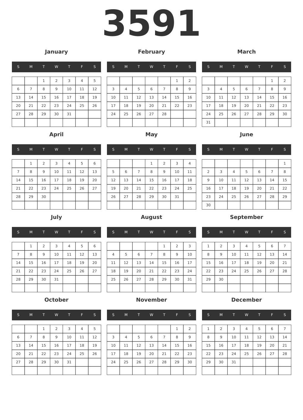 Printable 3591 Year Calendars dark