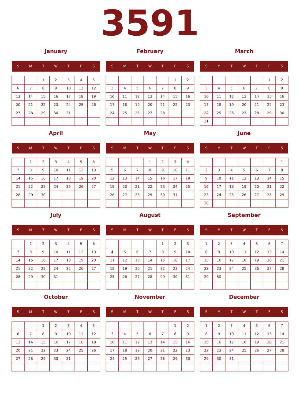 Printable 3591 Year Calendars falu
