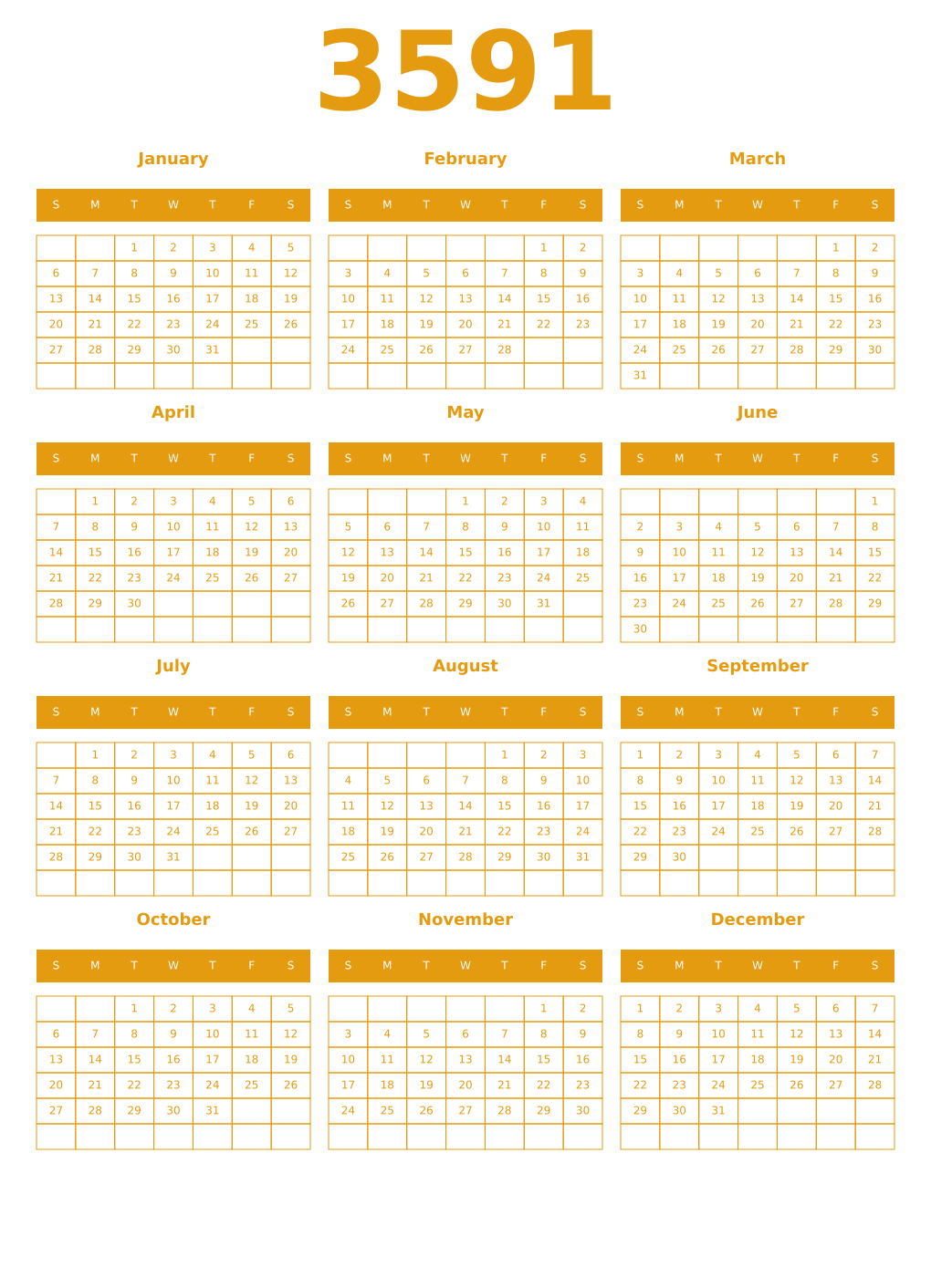 Printable 3591 Year Calendars gamboge