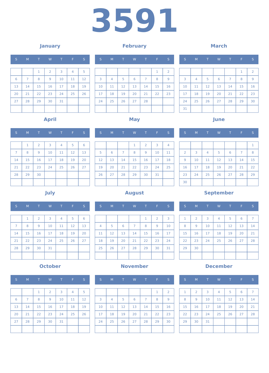 Printable 3591 Year Calendars glaucous