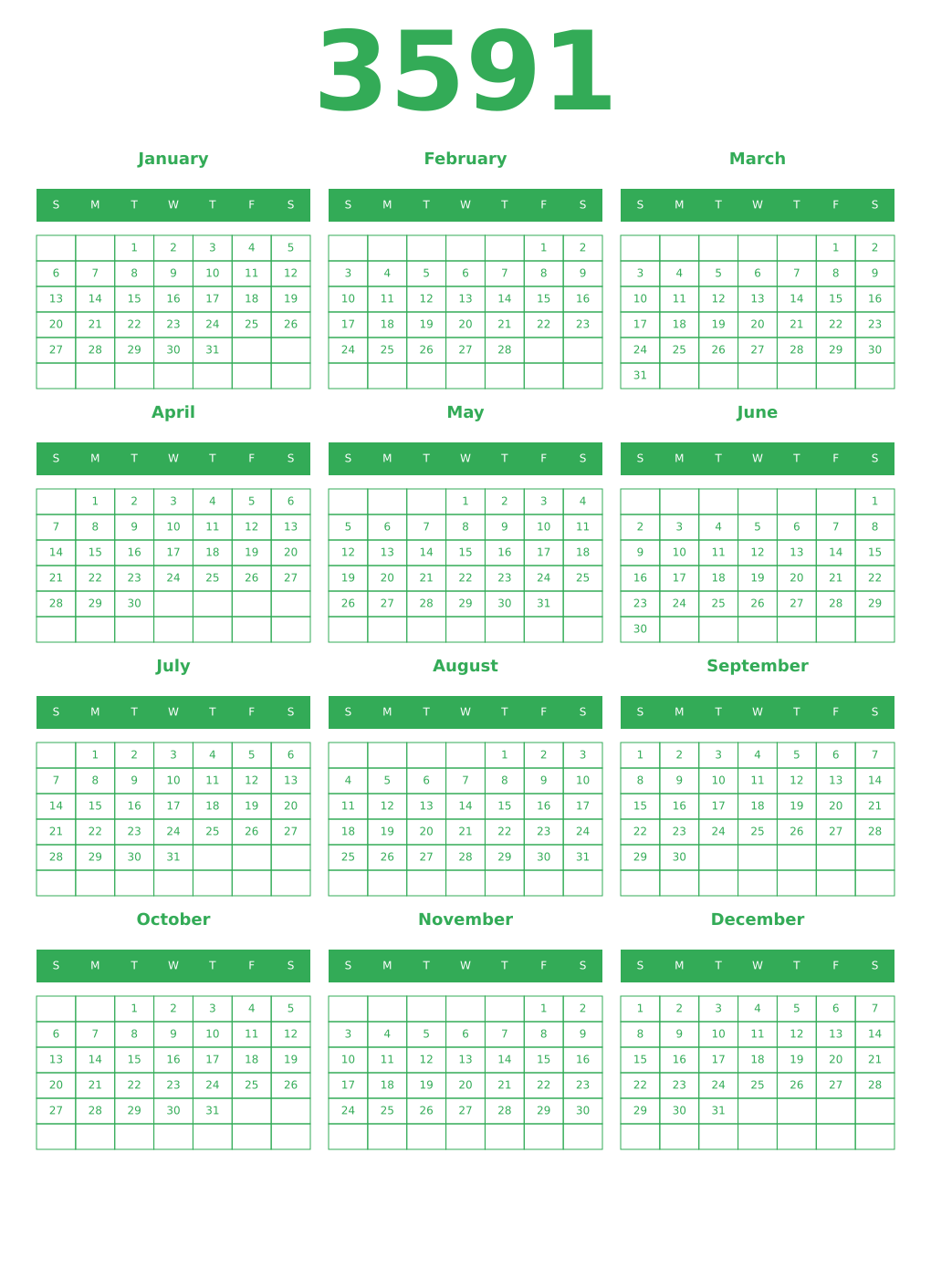 Printable 3591 Year Calendars green