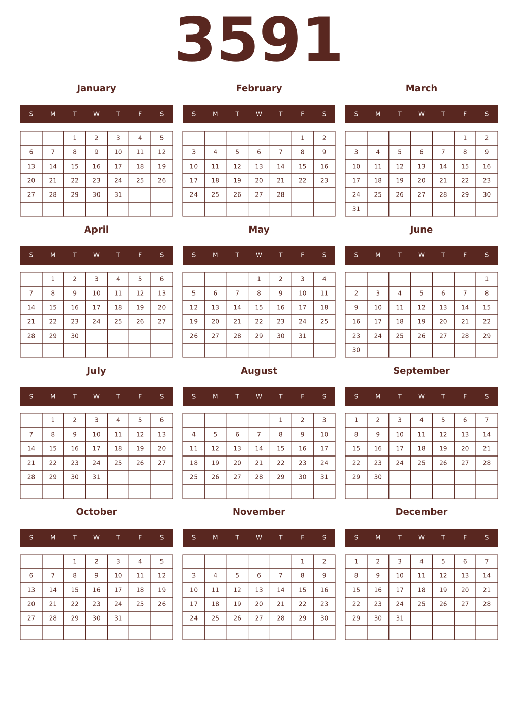 Printable 3591 Year Calendars mortuum