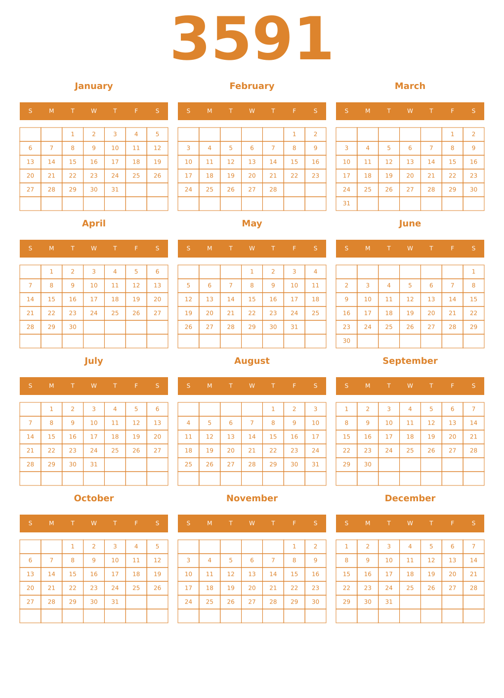Printable 3591 Year Calendars orange