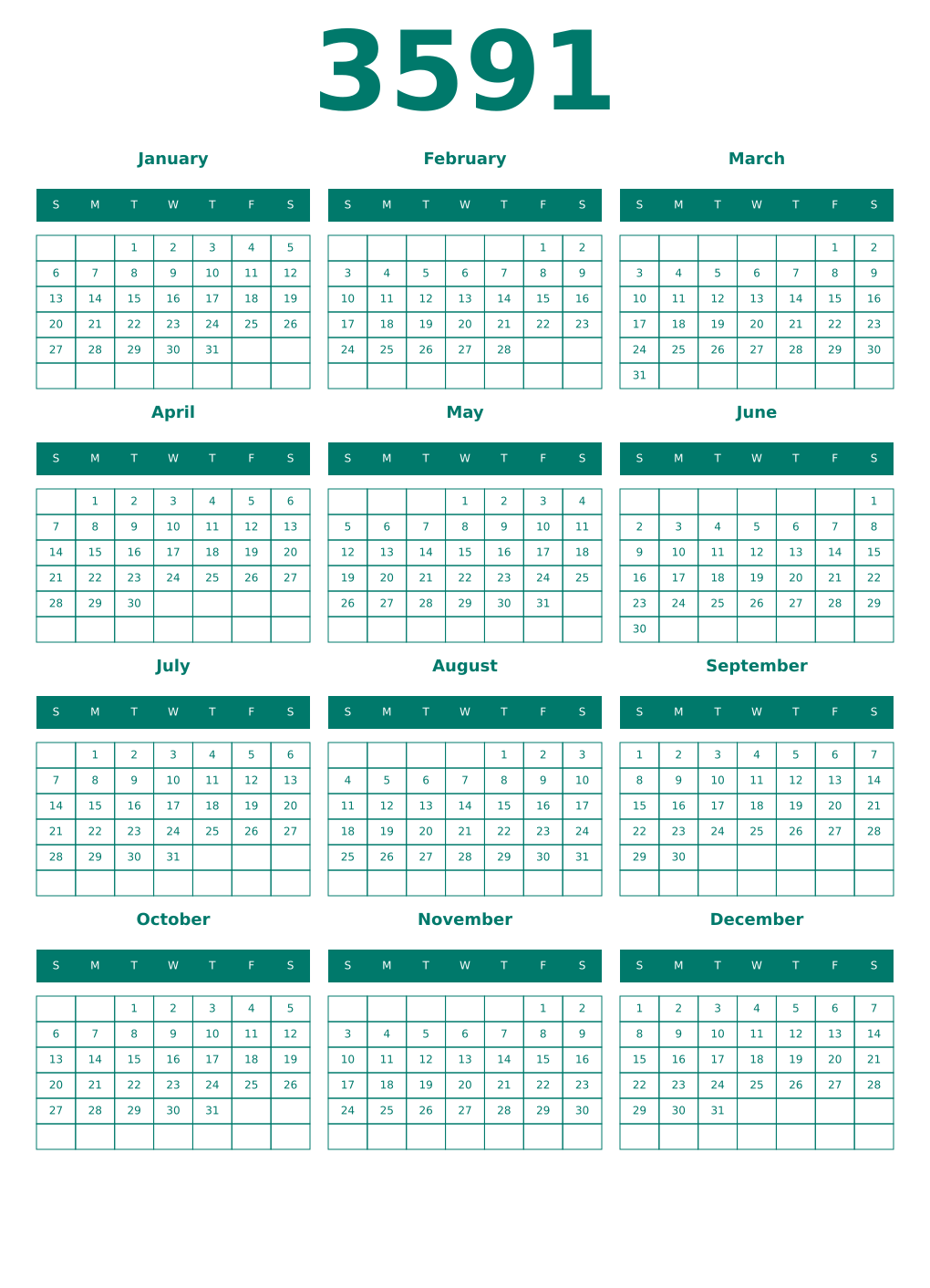 Printable 3591 Year Calendars pastel