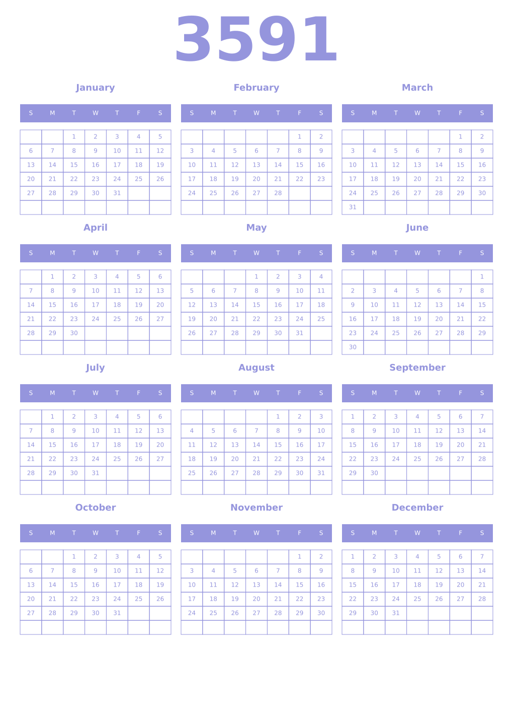 Printable 3591 Year Calendars periwinkle