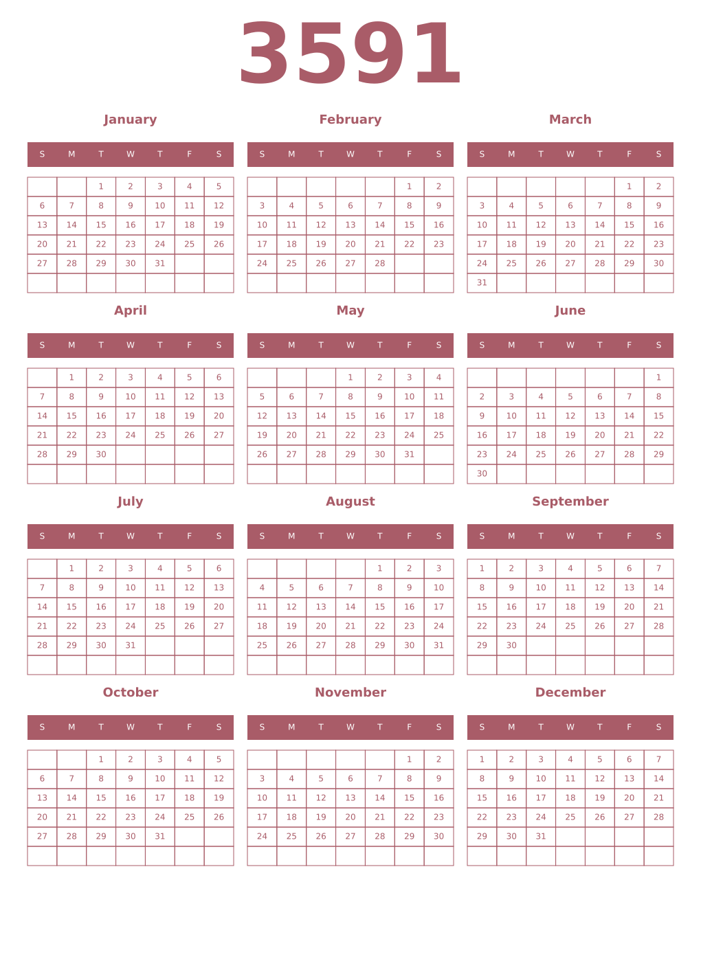 Printable 3591 Year Calendars puce