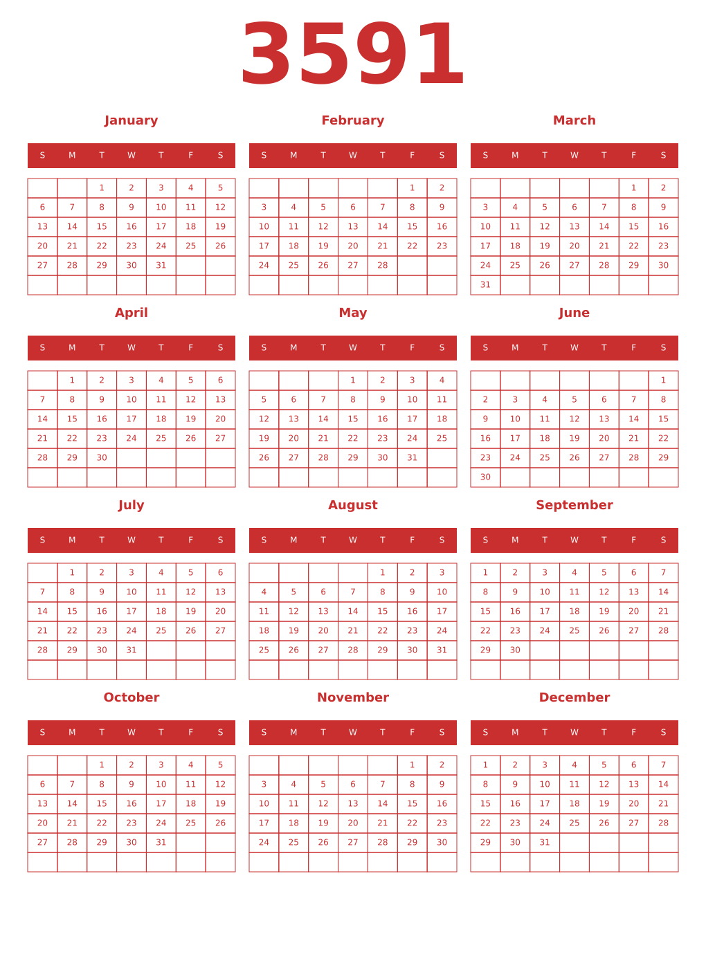 Printable 3591 Year Calendars red