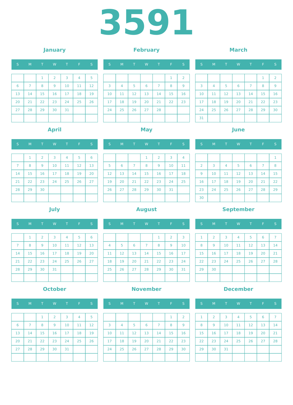 Printable 3591 Year Calendars verdigris