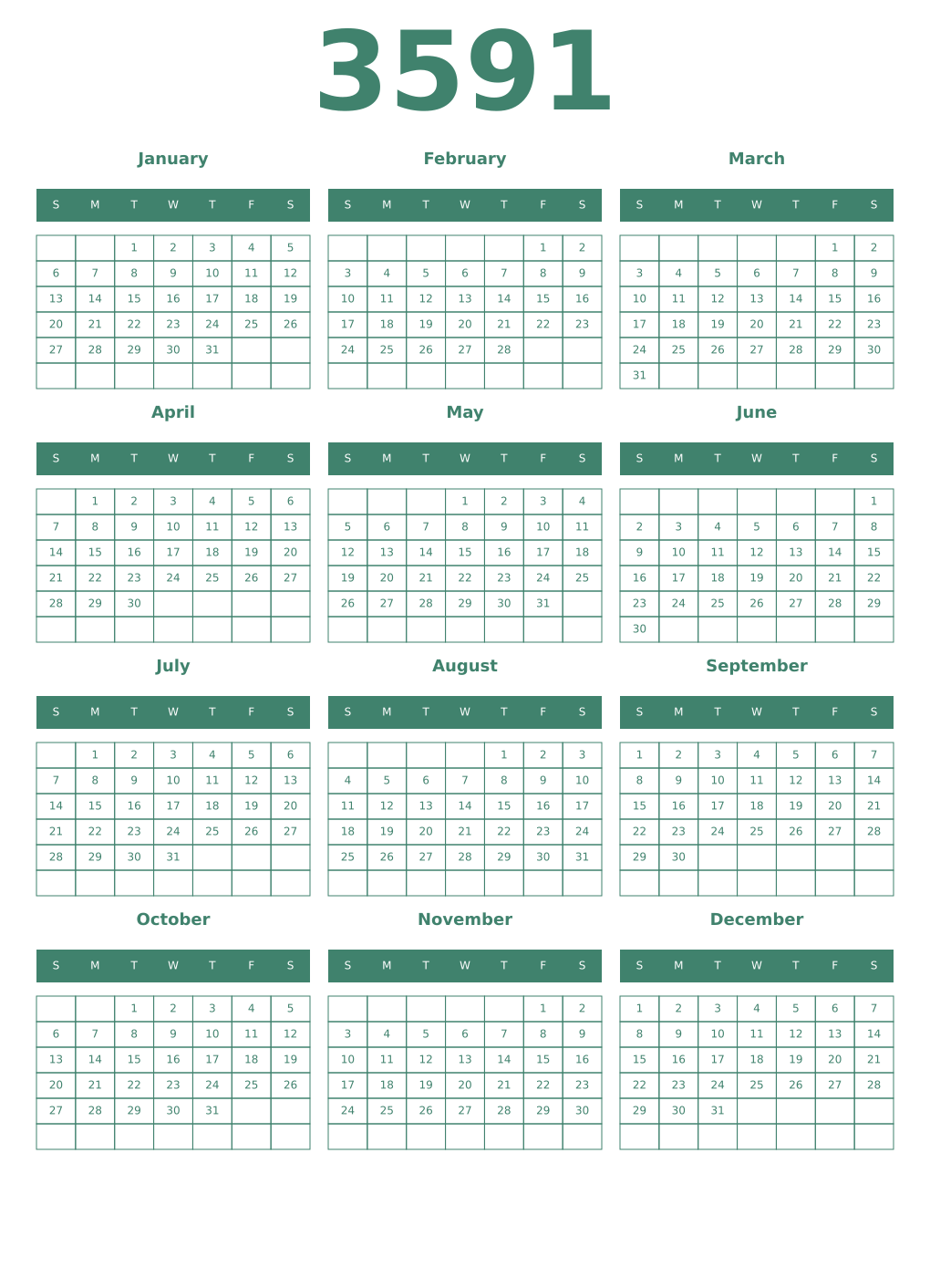 Printable 3591 Year Calendars viridian