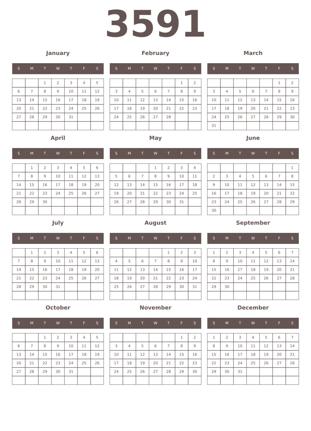 Printable 3591 Year Calendars wenge