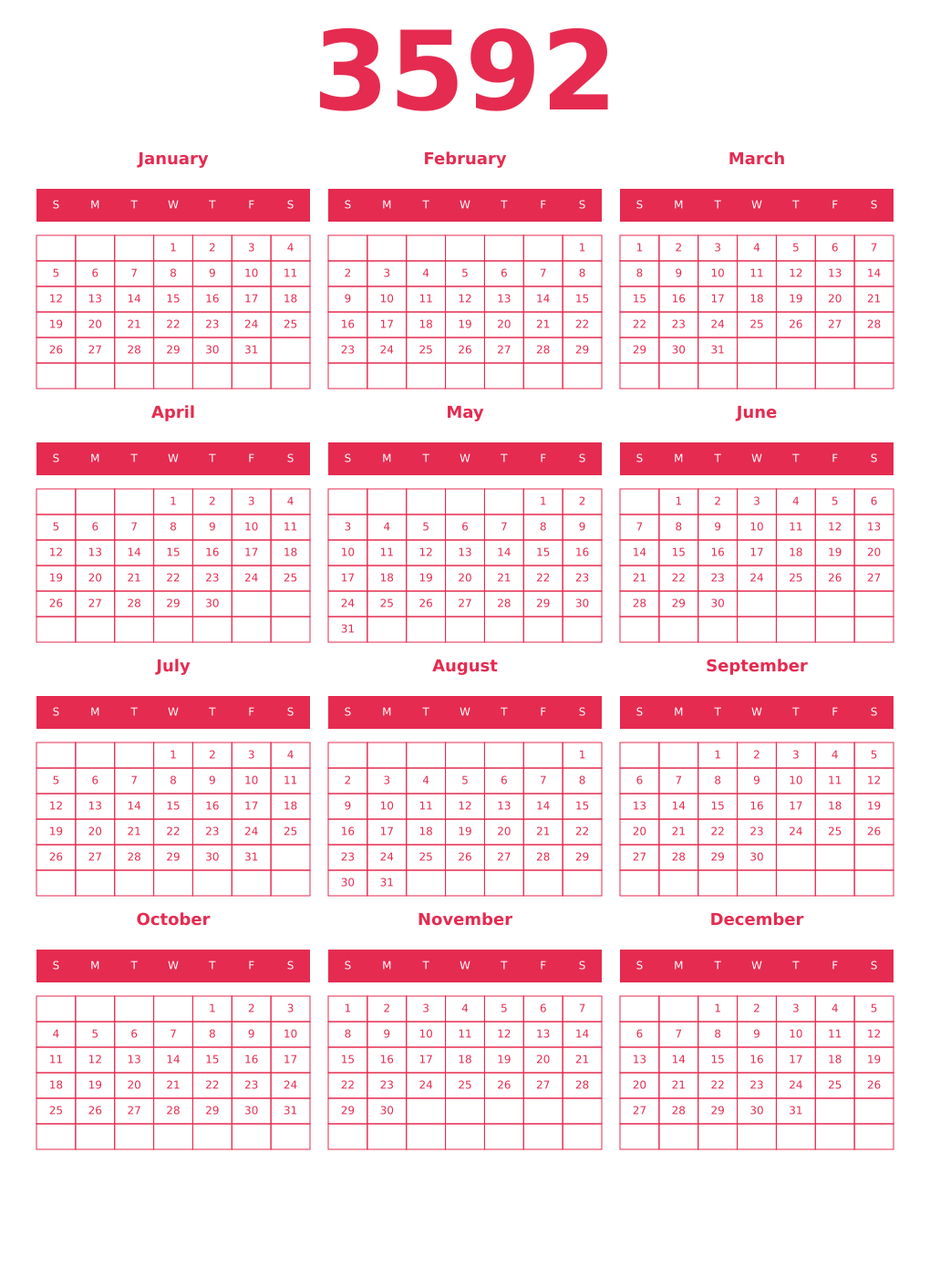Printable 3592 Year Calendars amaranth