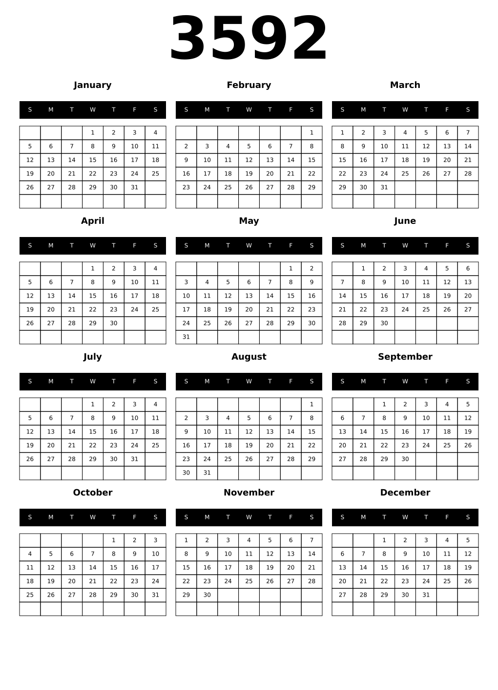 Printable 3592 Year Calendars black