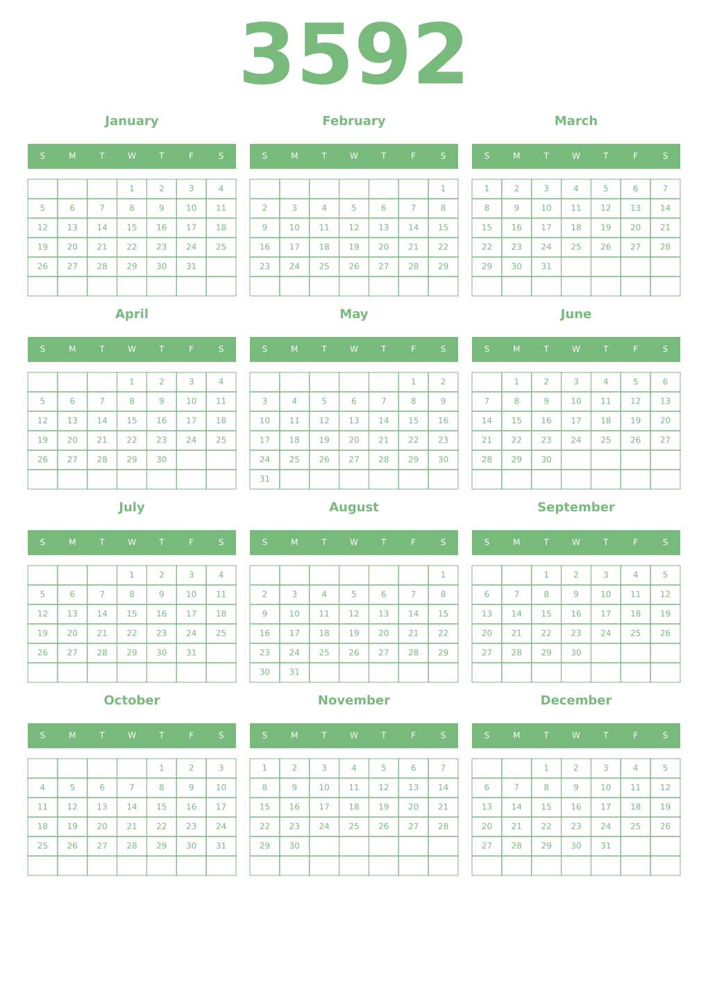 Printable 3592 Year Calendars celadon