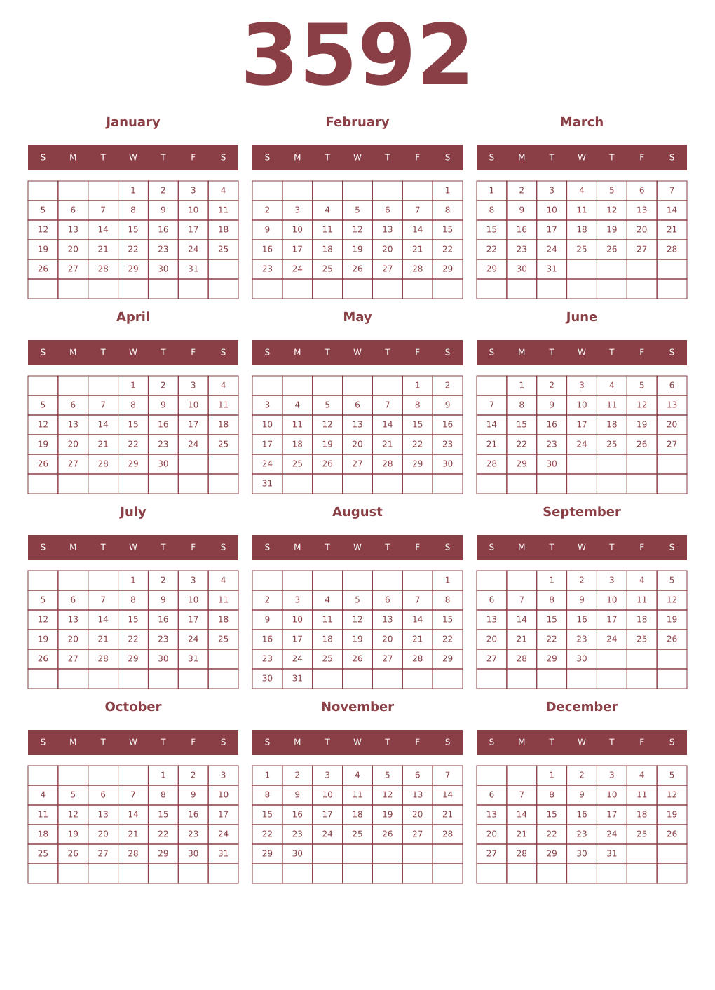 Printable 3592 Year Calendars cordovan