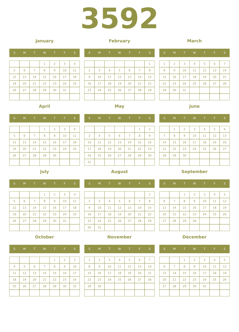 Printable 3592 Year Calendars eburnean